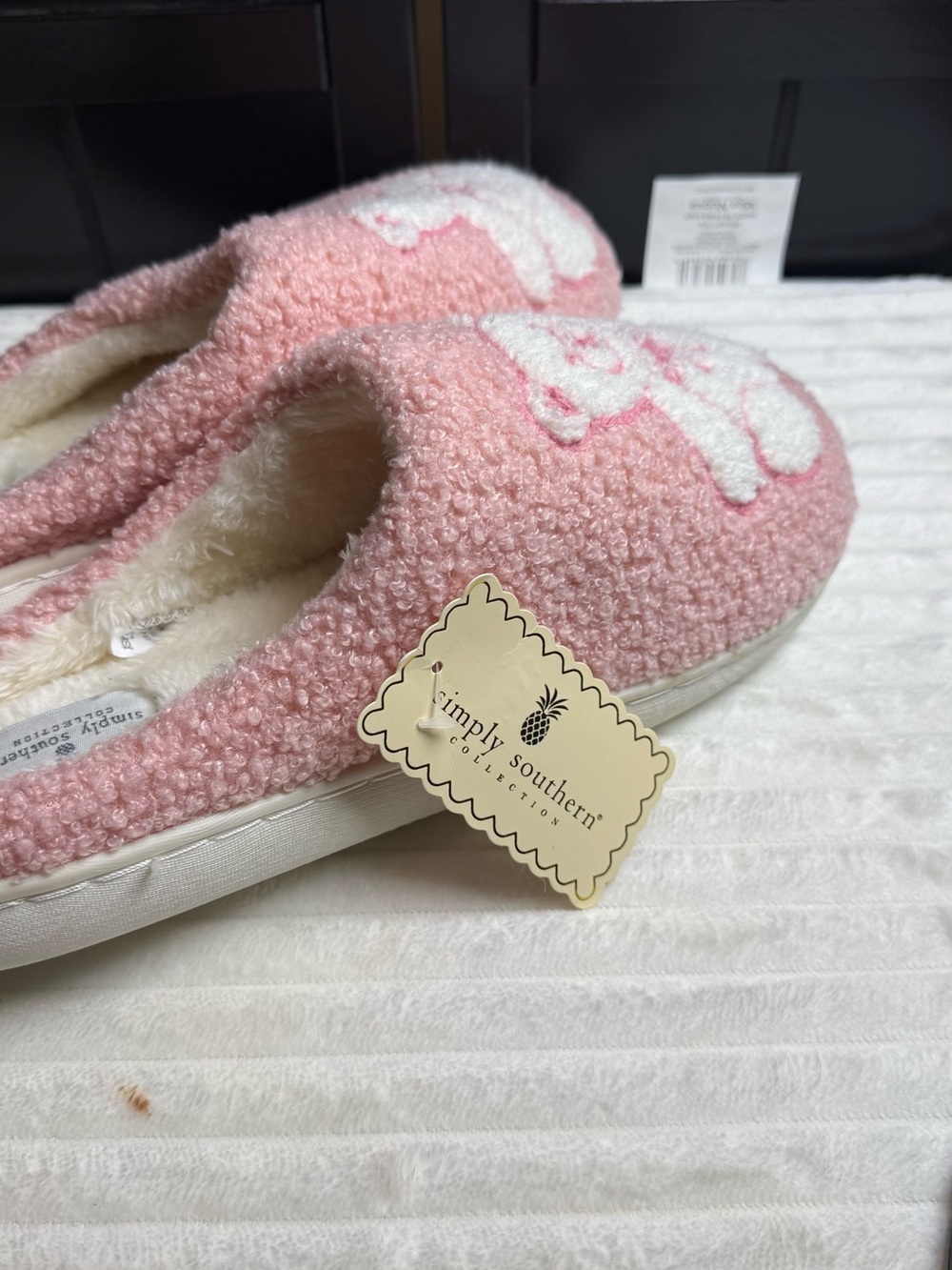 Simply Southern Pink Fuzzy Kids Slip-On Slippers with White Appliqué